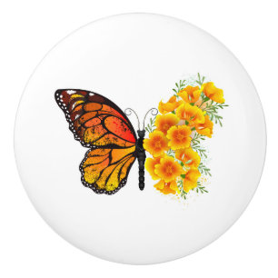 Bouton De Porte En Céramique Flower Butterfly with Yellow California Poppy