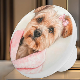 Bouton De Porte En Céramique Fluffy Terrier en Robe Rose Aquarelle