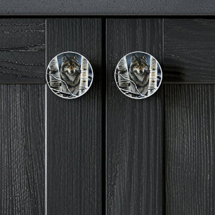 Bouton De Porte En Céramique Forêt mystique de bouleaux alpha loup en hiver