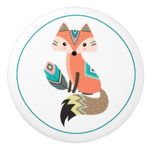 Bouton De Porte En Céramique Fox turquoise de tribal avec la plume