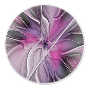 Bouton De Porte En Céramique Fractal Floral Moderne Abstrait Fleur Rose Gris