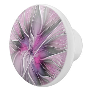 Bouton De Porte En Céramique Fractal Floral Moderne Abstrait Fleur Rose Gris
