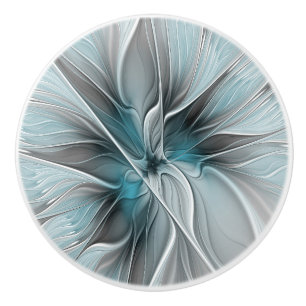 Bouton De Porte En Céramique Fractal Floral Moderne Fleur Abstraite Bleu Gris
