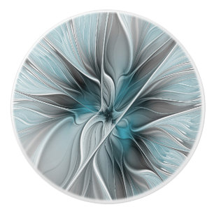 Bouton De Porte En Céramique Fractal Floral Moderne Fleur Abstraite Bleu Gris