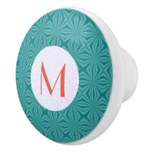 Bouton De Porte En Céramique Fractale sarcelle Monogramme rouge Cercle blanc