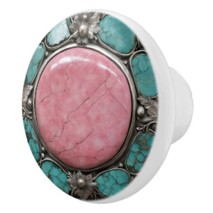 Bouton De Porte En Céramique Galaxie rose Stoneburst avec argent et aigue-marin