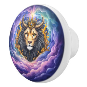 Bouton De Porte En Céramique Gardiens au clair de lune – Lion cosmique.