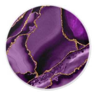 Bouton De Porte En Céramique Géode d'agate à paillettes dorées violettes fausse