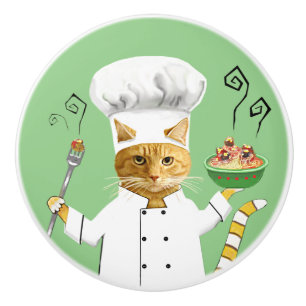 Bouton De Porte En Céramique Ginger Kitty Chef sur Green Ceramic Knob