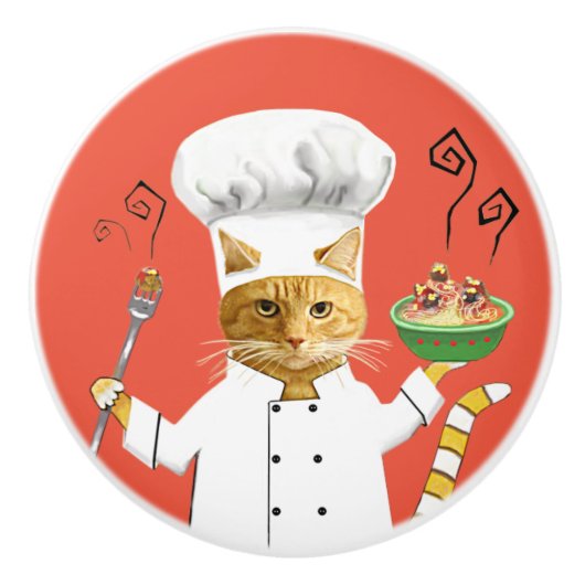 Bouton De Porte En Céramique Ginger Kitty Chef sur Red Ceramic Knob (Devant)