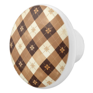 Bouton De Porte En Céramique Gingham Floral Marron Brun Cuisine