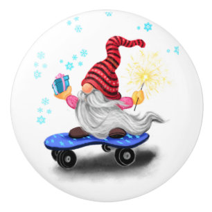 Bouton De Porte En Céramique Gnome de patinage avec cadeaux Noël Ceramic Knob