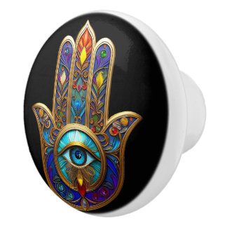 Bouton De Porte En Céramique Gold Colorful Hamsa Turquoise Sapphire Third Eye 