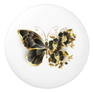 Bouton De Porte En Céramique Gold flower Butterfly with Black Orchid