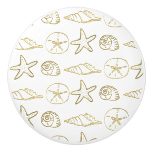 Bouton De Porte En Céramique Gold Foil Look Sea Shells Chic Beach Elegant Blanc