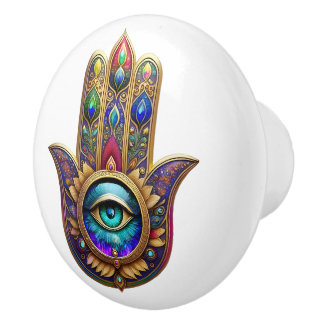 Bouton De Porte En Céramique Gold Peacock Colors Hamsa Green Sapphire Third Eye