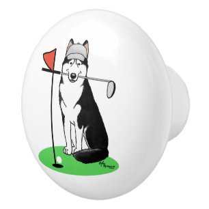 Bouton De Porte En Céramique Golf Sibérien Husky (noir) Chien Jouant Mal Drôle