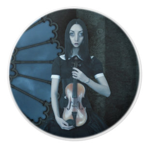 Bouton De Porte En Céramique Gothique Victorian Girl tenant Violon Imaginaire f