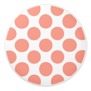 Bouton De Porte En Céramique Grands points rétro - corail rose et blanc