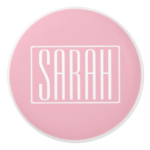 Bouton De Porte En Céramique Gras & Moderne votre nom ou mot   Blanc sur rose