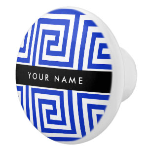 Bouton De Porte En Céramique Grec Meander Key Blue, Votre Nom, Personnaliser