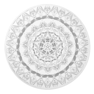 Bouton De Porte En Céramique Gris Blanc Floral Damassé Mandala
