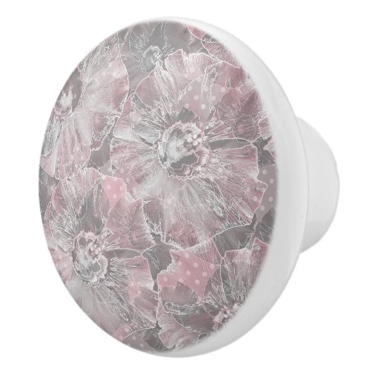 Bouton De Porte En Céramique Gris rose, grandes fleurs design (Droite)