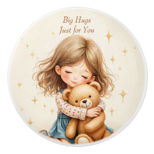 Bouton De Porte En Céramique Grosses Câlins Fille Mignonne qui étreint un Ours
