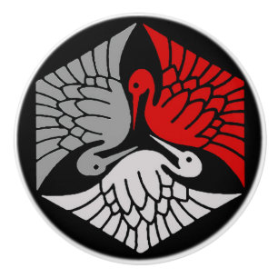 Bouton De Porte En Céramique Grues japonaises, rouges, gris / grises et noires