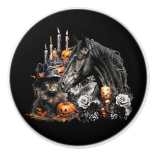 Bouton De Porte En Céramique Halloween noir Cheval noir Chat éffrayant