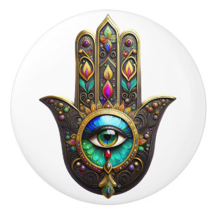 Bouton De Porte En Céramique Hamsa Brun Doré Coloré Arc-en-Ciel Troisième Œil C