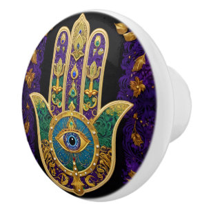 Bouton De Porte En Céramique Hamsa Troisième Œil Orné Or