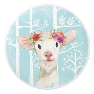 Bouton De Porte En Céramique Happy Animal avec Fleurs en Bleu Forêt-Mouton