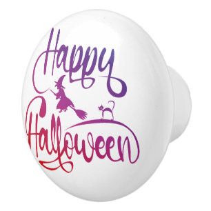 Bouton De Porte En Céramique Happy Halloween dégradé volant sorcière chat