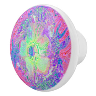 Bouton De Porte En Céramique Hibiscus Psychedelique Vert Citron et Violet Tripa