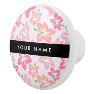 Bouton De Porte En Céramique Hibiscus Rose, Fleurs Roses, Votre Nom