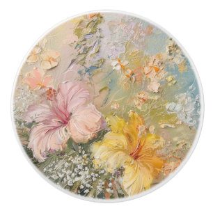 Bouton De Porte En Céramique Hibiscus Tropical Fleurs Jaune Rose