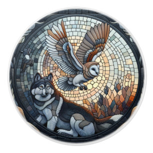 Bouton De Porte En Céramique Hibou et loup Mosaic Ai Art