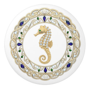 Bouton De Porte En Céramique Hippocampe cristal doré graphique 2D Océan Mer