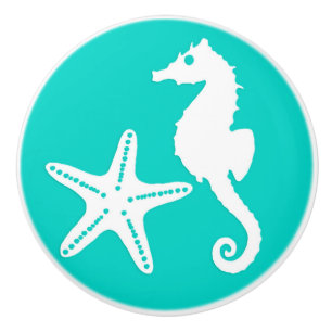 Bouton De Porte En Céramique Hippocampe et étoiles de mer - blanc sur la