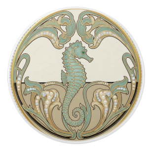 Bouton De Porte En Céramique Hippocampe Vert Crème & Or Art Déco Nouveau Océan
