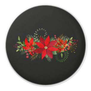 Bouton De Porte En Céramique Hiver foncé Rouge Blanc Poinsettia Vacances Floral