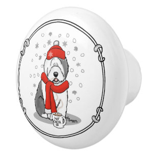 Bouton De Porte En Céramique Hiver (rouge) Vieux chien anglais (gris 1) Mignonn