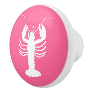 Bouton De Porte En Céramique Homard de Preppy sur la côte rose et blanc