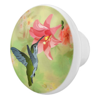 Bouton De Porte En Céramique Hummingbird and Pink Lily on Floral