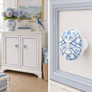 Bouton De Porte En Céramique Hydrangea Bigarrée Blue Jay Décoratif Botanique