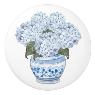 Bouton De Porte En Céramique Hydrangea Chinoiserie Fleur bleue