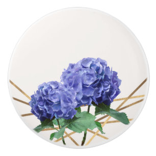 Bouton De Porte En Céramique Hydrangea Violet Bleu & Or Élégant Floral