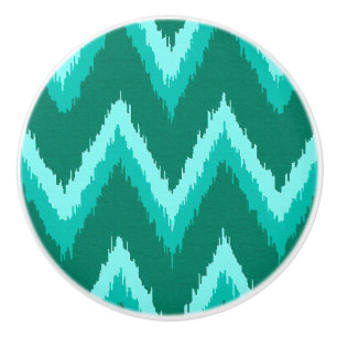 Bouton De Porte En Céramique Ikat Chevron Stripes - Turquoise, Turquoise et Aqu