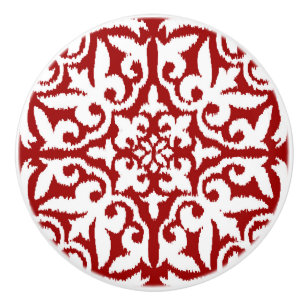 Bouton De Porte En Céramique Ikat damask motif - rouge foncé et blanc